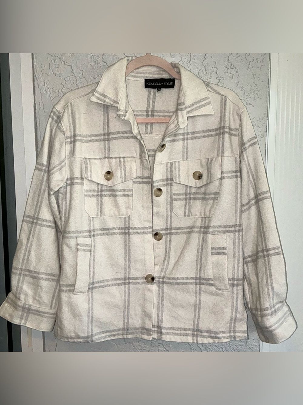 Kendall & Kylie Cream Plaid Utility Jacket with Gray Checks